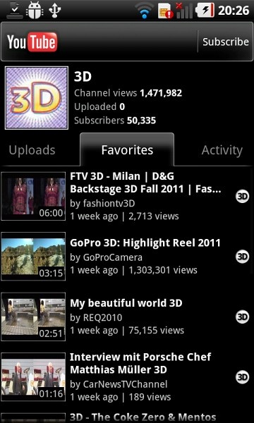 LG Optimus 3D, YouTube